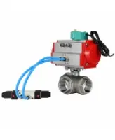 Кран шаровой DN.ru BV3232P(4pc)-SP-3WL-T-ISO-H WDVF Ду65 Ру40 стандартнопроходной, 3-ходовой L-тип, внутренняя резьба, нержавеющая сталь AISI 316, с пневмоприводом PA-DA-105, пневмораспределителем 4V320-08 AC220V и магнитным переключателем ALS200D