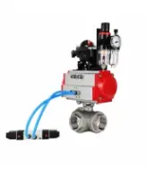 Кран шаровой DN.ru BV3232P(4pc)-SP-3WL-T-ISO-H WDVF Ду40 Ру63 стандартнопроходной, 3-ходовой L-тип, внутренняя резьба, нержавеющая сталь AISI 316, PTFE, с пневмоприводом PA-SA-130, пневмораспределителем 4V320-08 AC220V, БКВ APL-210N и БПВ AFC2000