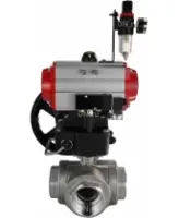 Кран шаровой DN.ru BV3232P(4pc)-SP-3WL-T-ISO-H Ду100 Ру40 стандартнопроходной трехходовой L-тип, нержавеющая сталь SS316, внутренняя резьба, PTFE, пн.привод PA-DA-083, пн.распределителем 4M310-08 AC220V, ручным дублером MON2-450-T28-ISO и БПВ AFC2000