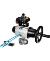 Кран шаровой DN.ru BV3232P(4pc)-SP-3WL-T-ISO-H Ду100 Ру40, стандартнопроходной, четырехсоставной, корпус - нержавеющая сталь 316, PTFE, внутренняя резьба, с пневмоприводом PA-DA-105-1, пневмораспределителем 4V320-08 AC220V, БКВ APL-410N Ex