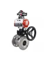 Кран шаровой DN.ru BV3232P(2pc)-FP-F-ISO-H Ду80 Ру16 фланцевый, полнопроходной, двухсоставной, корпус - нерж.сталь SS316, уплотнение - PTFE, с пн.приводом DN.ru PA-DA-083 пн.распределителем 4V320-08 AC220V редуктором MON2-450-T28-ISO БКВ APL-510N-EX