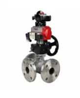 Кран шаровой DN.ru BV3232P(2pc)-FP-3WL-F-ISO-H Ду20 Ру16 HYMT трехходовой L-тип, полнопроходной, фланцевый, корпус - нерж.сталь AISI316, с пневмоприводом PA-DA-052, пн.распределителем 4M320-08 AC220V, ручным дублером MON1-250-T26-ISO и БКВ APL-210N