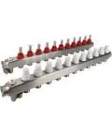 Коллекторная группа DN.ru GC2-31-11 1″ Ду25 Ру10 отводов — 11, в сборе с расходомерами и терморегулирующими клапанами, дренажным краном и воздухоотводчиком, с заглушками, без переходников, корпус - нержавеющая сталь AISI 304