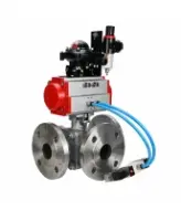 Кран шаровой DN.ru BV3232P(2pc)-FP-3WL-F-ISO-H Ду80 Ру16 HYMT, трехходовой L-тип, полнопроходной, фланцевый, корпус - нержавеющая сталь SS316, с пневмоприводом PA-SA-130, пневмораспределителем 4V320-08 AC220V, БКВ APL-210N и БПВ AFC2000