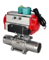 Кран шаровой DN.ru BV3232P(3pc)-FP-W-ISO-H LONG Ду32 Ру40 полнопроходной, корпус - нержавеющая сталь 316, уплотнение - PTFE, под приварку, с пневмоприводом PA-DA-052, пневмораспределителем 4M310-08 AC220V и магнитным переключателем ALS200D