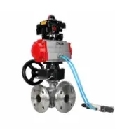 Кран шаровой DN.ru BV3232P(2pc)-FP-3WL-F-ISO-H Ду20 Ру16 HYMT, трехходовой L-тип, полнопроходной, фланцевый, нержав.сталь SS316, с пневмоприводом PA-DA-052, пневмораспределителем 4V320-08 AC220V, ручным дублером MON1-250-T26-ISO и БКВ APL-410N EX