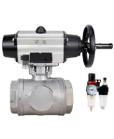 Кран шаровой DN.ru BV3232P(4pc)-SP-3WL-T-ISO-H WDVF Ду65 Ру40 стандартнопроходной, 3-ходовой L-тип, внутренняя резьба, нержавеющая сталь AISI 316, PTFE, с пневмоприводом PA-DA-105-1, пневмораспределителем 4M310-08 AC220V и БПВ AFC2000