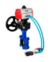 Затвор дисковый поворотный DN.ru WBV1631E-2W-Fb-H Ду125 Ру16 LUG, корпус - чугун QT450, диск - нержавеющая сталь 304, уплотнение - EPDM, с пневмоприводом PA-DA-105, пневмораспределителем 4M320-08 AC220V и ручным дублером MON3-700-T38-ISO