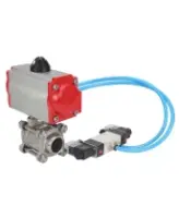 Кран шаровой DN.ru BV3232P(3pc)-FP-W-ISO-H Ду65 Ру25, полнопроходной под приварку, нержавеющая сталь SS316, уплотнение - PTFE, с пневмоприводом PA-DA-083 двойного действия, с пневмораспределителем 4V320-08 AC220V