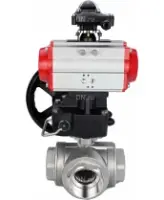 Кран шаровой DN.ru BV3232P(4pc)-SP-3WL-T-ISO-H Ду100 Ру40 стандартнопроходной трехходовой L-тип, нерж. сталь SS316, внутренняя резьба, уплотнение - PTFE, с пневмоприводом PA-DA-083, БКВ APL-210N и ручным дублером MON2-450-T28-ISO