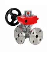 Кран шаровой DN.ru BV3232P(2pc)-FP-3WL-F-ISO-H Ду20 Ру16 HYMT, трехходовой L-тип, полнопроходной, фланцевый, корпус - нержавеющая сталь SS316, с редуктором HGBF RQN1-180Z с визуальным указателем положения и датчиком обратной связи