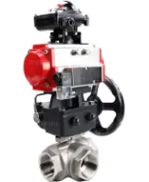 Кран шаровой DN.ru BV3232P(4pc)-SP-3WL-T-ISO-H Ду100 Ру40 стандартнопроходной трехходовой L-тип, нерж. сталь SS316, внутренняя резьба, PTFE, пн.приводом PA-DA-083, пн.распределителем 4M310-08 AC220V, БКВ APL-210N и ручным дублером MON2-450-T28-ISO