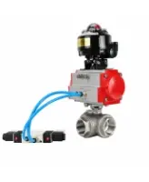 Кран шаровой DN.ru BV3232P(4pc)-SP-3WL-T-ISO-H WDVF Ду40 Ру63 стандартнопроходной, 3-ходовой L-тип, внутренняя резьба, нержавеющая сталь AISI 316, PTFE, с пневмоприводом PA-SA-130, пневмораспределителем 4V320-08 AC220V и БКВ APL-510N EX