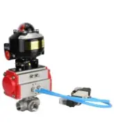 Кран шаровой DN.ru BV3232P(4pc)-SP-3WL-T-ISO-H 1/2″ Ду15 Ру63 стандартнопроходной трехходовой L-тип, нержавеющая сталь SS316, внутренняя резьба, уплотнение - PTFE, с пн.приводом DN.ru PA-DA-052 пн.распределителем 4V320-08 AC220V БКВ APL-510N-EX