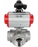Кран шаровой DN.ru BV3232P(4pc)-SP-3WL-T-ISO-H Ду100 Ру40 стандартнопроходной трехходовой L-тип, нерж. сталь SS316, внутренняя резьба, уплотнение - PTFE, с пневмоприводом PA-DA-83 и блоком концевых выключателей APL-210N