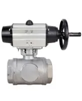 Кран шаровой DN.ru BV3232P(4pc)-SP-3WL-T-ISO-H WDVF Ду65 Ру40 стандартнопроходной, 3-ходовой L-тип, внутренняя резьба, корпус - нержавеющая сталь AISI 316, уплотнение - PTFE, с пневмоприводом DN.ru PA-DA-105-1 двойного действия со штурвалом
