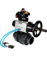 Кран шаровой DN.ru BV4242E-FP-GRM-ISO Дн50 Ру10 полнопроходной, корпус - НПВХ, шар - НПВХ, уплотнение - EPDM, с пневмоприводом PA-DA-105-1, пневмораспределителем 4V320-08 AC220V и БКВ APL-410N EX