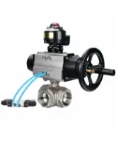 Кран шаровой DN.ru BV3232P(4pc)-SP-3WL-T-ISO-H WDVF Ду65 Ру40 стандартнопроходной, 3-ходовой L-тип, внутренняя резьба, нержавеющая сталь AISI 316, PTFE, с пневмоприводом PA-DA-105-1, пневмораспределителем 4V320-08 AC220V и БКВ APL-510N EX