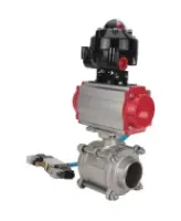 Кран шаровой DN.ru BV3232P(3pc)-FP-W-ISO-H WDVF Ду15 Ру63 полнопроходной, трехсоставной, корпус - нержавеющая сталь 316, уплотнение - PTFE, под приварку, с пневмоприводом PA-SA-065, пневмораспределителем 4V320-08 AC220V, БКВ APL-510N EX
