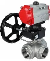 Кран шаровой DN.ru BV3232P(4pc)-SP-3WL-T-ISO-H Ду100 Ру40 стандартнопроходной трехходовой L-тип, нерж. сталь SS316, внутренняя резьба, уплотнение - PTFE, с пневмоприводом PA-DA-083 и ручным дублером MON2-450-T28-ISO