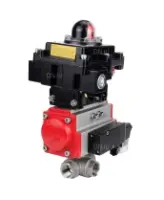Кран шаровой DN.ru BV3232P(4pc)-SP-3WL-T-ISO-H Ду100 Ру40 стандартнопроходной трехходовой L-тип, нержавеющая сталь SS316, внутренняя резьба, PTFE, пн.приводом PA-DA-083, пн.распределителем 4M310-08 AC220V и БКВ APL-410N EX