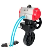 Затвор дисковый поворотный DN.ru WBV4242E-2W-Fb-ISO Дн80 Ру10 межфланцевый, корпус - НПВХ, диск - НПВХ, уплотнение - EPDM, с пневмоприводом PA-DA-052, пневмораспределителем 4V320-08 AC220V и ручным дублером MON1-250-T26-ISO