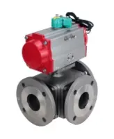 Кран шаровой DN.ru BV3232P(4pc)-FP-3WL-F-ISO-H Ду25 Ру16 полнопроходной трехходовой L-тип, фланцевый, корпус - нержавеющая сталь SS316, уплотнение - PTFE, с пневмоприводом PA-DA-052 и магнитным переключателем ALS200D