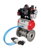Кран шаровой DN.ru BV3131P(3pc)-FP-F-ISO-H Ду100 Ру16 полнопроходной трехсоставной, фланцевый, нержавеющая сталь 304, PTFE, 22х22, F10, WDVF, с пневмоприводом DN.ru PA-DA-105, пневмораспределителем 4V320-08 AC220V, БКВ APL-410N EX и БПВ AFC2000