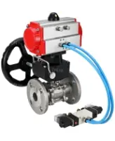 Кран шаровой DN.ru BV3131P(3pc)-FP-F-ISO-H Ду15 Ру40, трехсоставной полнопроходной фланцевый, нержавеющая сталь SS304, уплотнение - PTFE, с пневмоприводом PA-DA-052, с пневмораспределителем 4V320-08 AC220V, с ручным дублером MON1-250-T26-ISO