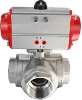 Кран шаровой DN.ru BV3232P(4pc)-SP-3WL-T-ISO-H Ду100 Ру40 стандартнопроходной L-тип, трехходовой, нержавеющая сталь SS316, внутренняя резьба, уплотнение - PTFE, с пневмоприводом DN.ru PA-DA-83 двойного действия