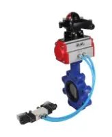 Затвор дисковый поворотный DN.ru WBV1631E-2W-Fb-H Ду100 Ру16 LUG корпус - чугун QT450, диск - нержавеющая сталь 304, уплотнение - EPDM, с пневмоприводом DN.ru PA-DA-083, пневмораспределителем 4V320-08 AC220V и БКВ APL-210N