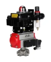 Кран шаровой DN.ru BV3232P(4pc)-SP-3WL-T-ISO-H Ду100 Ру40 стандартнопроходной трехходовой L-тип, нержавеющая сталь SS316, внутренняя резьба, PTFE, пн.приводом PA-DA-083, пн.распределителем 4M310-08 AC220V, БКВ APL-410N EX и БПВ AFC2000