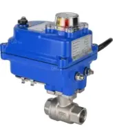 Кран шаровой DN.ru BV3232P(2pc)-FP-T-ISO-H 3/8″ Ду10 Ру63 полнопроходной двухходовой, нержавеющая сталь SS316, внутренняя резьба, уплотнение - PTFE, с электроприводом четвертьоборотным DN.ru QT-N-003EM-O1-12VDC-У1 blue