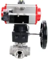 Кран шаровой DN.ru BV3232P(4pc)-SP-3WL-T-ISO-H Ду100 Ру40 стандартнопроходной трехходовой L-тип, нерж. сталь SS316, внутренняя резьба, уплотнение - PTFE, пн.приводом PA-DA-083, пн.распределителем 4M310-08 AC220V и ручным дублером MON2-450-T28-ISO