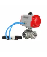 Кран шаровой DN.ru BV3232P(4pc)-SP-3WL-T-ISO-H WDVF Ду40 Ру63 стандартнопроходной, 3-ходовой L-тип, внутренняя резьба, корпус - нержавеющая сталь AISI 316, уплотнение - PTFE, с пневмоприводом PA-SA-130 и пневмораспределителем 4V320-10 AC220V