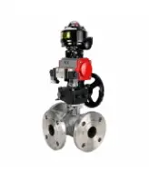 Кран шаровой DN.ru BV3232P(2pc)-FP-3WL-F-ISO-H Ду20 Ру16 HYMT трехходовой L-тип, полнопроходной, фланцевый, корпус - нерж.сталь AISI316, с пн.приводом PA-DA-052, пн.распределителем 4M320-08 AC220V, ручным дублером MON1-250-T26-ISO и БКВ APL-510N EX