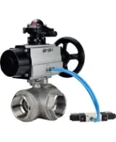 Кран шаровой DN.ru BV3232P(4pc)-SP-3WL-T-ISO-H Ду100 Ру40, стандартнопроходной, четырехсоставной, корпус - нержавеющая сталь 316, уплотнение - PTFE, внутренняя резьба, с пневмоприводом PA-DA-105-1, пневмораспределителем 4V320-08 AC220V, БКВ APL-210N