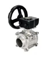 Кран шаровой DN.ru BV3232P(3pc)-FP-W-ISO-H Ду25 Ру63 полнопроходной двухходовой, нержавеющая сталь SS316, под приварку, уплотнение - PTFE, с ISO фланцем и редуктором DN.ru HAM RQN1-180Z-T40