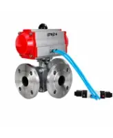 Кран шаровой DN.ru BV3232P(2pc)-FP-3WL-F-ISO-H Ду80 Ру16 HYMT, трехходовой L-тип, полнопроходной, фланцевый, корпус - нержавеющая сталь SS316, с пневмоприводом PA-SA-130 и пневмораспределителем 4V320-08 AC220V