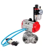 Кран шаровой DN.ru BV3232P(4pc)-SP-3WL-T-ISO-H Ду15 Ру63, стандартнопроходной, четырехсоставной, корпус - нержавеющая сталь 316, уплотнение - PTFE, внутренняя резьба, с пневмоприводом PA-DA-052, пневмораспределителем 4V320-08 AC220V, БПВ AFC2000