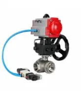 Кран шаровой DN.ru BV3232P(4pc)-SP-3WL-T-ISO-H WDVF Ду65 Ру40 стандартнопроходной, 3-ходовой L-тип, внутренняя резьба, нержавеющая сталь AISI 316, с пневмоприводом PA-DA-105, пневмораспределителем 4V320-08 AC220V и ручным дублером MON2-450-T28-ISO