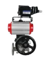 Кран шаровой DN.ru BV3131P(3pc)-FP-F-ISO-H Ду15 Ру40, трехсоставной полнопроходной фланцевый, нержавеющая сталь SS304, PTFE, с пневмоприводом PA-DA-052, ручным дублером MON1-250-T26-ISO и с электропневматическим позиционером YT-1000RSN без обратной связи