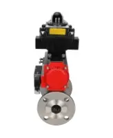 Кран шаровой DN.ru BV3131P(3pc)-FP-F-ISO-H Ду15 Ру40, трехсоставной полнопроходной фланцевый, нержавеющая сталь SS304, уплотнение - PTFE, с пневмоприводом PA-SA-065 с возвратными пружинами, с пневмораспределителем 4M310-08 AC220V, с БКВ APL-410N EX