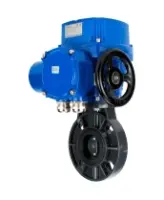 Затвор дисковый поворотный DN.ru WBV4242E-2W-Fb-ISO Дн80 Ру10 межфланцевый, корпус - НПВХ, диск - НПВХ, уплотнение - EPDM, с электроприводом DN.ru QT-N-005M-O2-220VAC-У1 с моментной муфтой и штурвалом