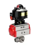 Кран шаровой DN.ru BV3232P(4pc)-SP-3WL-T-ISO-H 1/2″ Ду15 Ру63 стандартнопроходной трехходовой L-тип, нержавеющая сталь SS316, внутренняя резьба, уплотнение - PTFE, с пневмоприводом DN.ru PA-DA-52 и БКВ APL-510N-EX