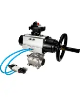 Кран шаровой DN.ru BV3232P(3pc)-FP-W-ISO-H Ду80 Ру25, полнопроходной, трехсоставной, нержавеющая сталь 316, уплотнение - PTFE, под приварку, с пневмоприводом PA-DA-105-1, пневмораспределителем 4V320-10 AC220V, БКВ APL-210N