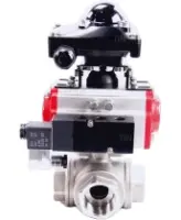 Кран шаровой DN.ru BV3232P(4pc)-SP-3WL-T-ISO-H Ду40 Ру63 стандартнопроходной трехходовой L-тип, нерж. сталь SS316, внутренняя резьба, уплотнение - PTFE, пн.приводом PA-DA-065, пн.распределителем 4M310-08 AC220V и БКВ APL-210N
