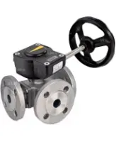 Кран шаровой DN.ru BV3232P(4pc)-FP-3WL-F-ISO-H Ду65 Ру16 полнопроходной трехходовой, нержавеющая сталь SS316, фланцевый, уплотнение - PTFE, с редуктором DN.ru HAM RQN2-300Z-T37