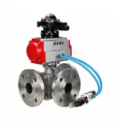 Кран шаровой DN.ru BV3232P(2pc)-FP-3WL-F-ISO-H Ду80 Ру16 HYMT, трехходовой L-тип, полнопроходной, фланцевый, корпус - нержавеющая сталь SS316, с пневмоприводом PA-SA-130, пневмораспределителем 4V320-08 AC220V и БКВ APL-210N