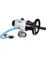 Кран шаровой DN.ru BV3232P(4pc)-SP-3WL-T-ISO-H Ду100 Ру40, стандартнопроходной, четырехсоставной, корпус - нержавеющая сталь 316, PTFE, внутренняя резьба, с пневмоприводом PA-DA-105-1 двойного действия, пневмораспределителем 4V320-08 AC220V